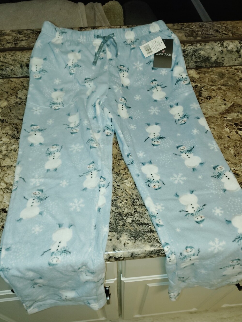 Med NWT Cuddl Duds Light Blue Snowman Fleece Joggers with Drawstring